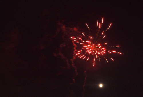 Red Fireworks and Moon
