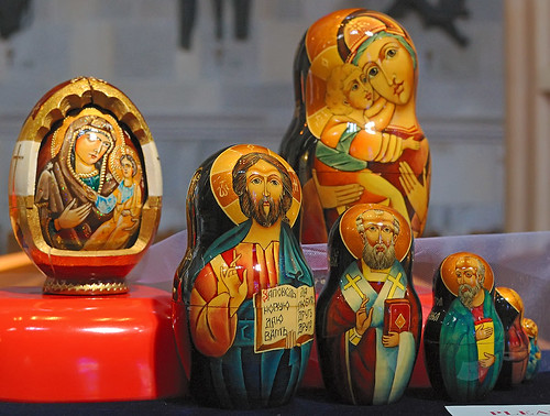 Hand painted wood eggs, made in Ukraine, from the collection of the Marianum, photographed at the Cathedral of Saint Peter, in Belleville, Illinois, USA