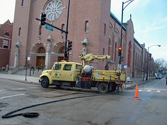 A City of Chicago Department of Sewers truck at work. Chicago Illinois. December 2006.