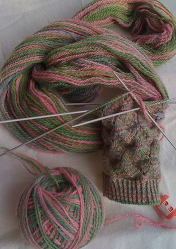 Spring Forward sock, being knitted in handpainted yarn