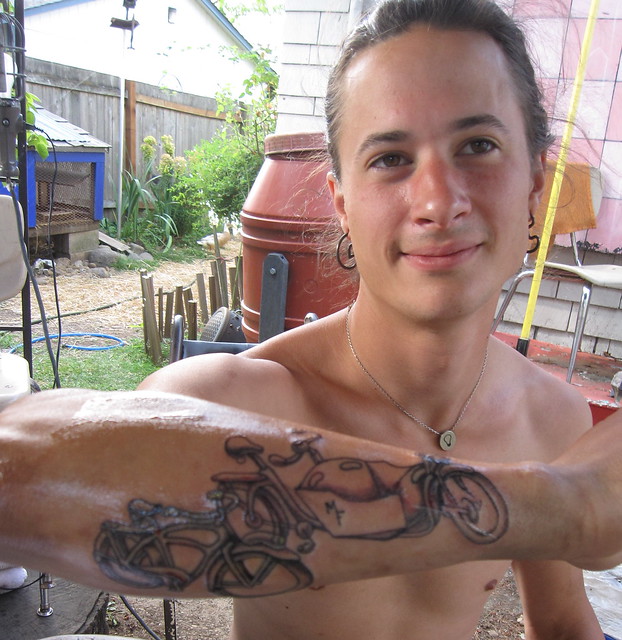Jamie's new bike tattoo. Jamie decided to add a bike to his collection.