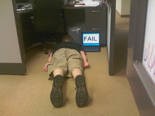 Cubicle worker FAIL.  For the FDT (Face Down Tuesday) group.  Today this pose is known as planking.