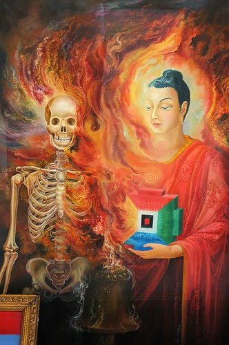 Buddha overcomes death, skeleton, highest yoga tantra mandala center ( red, green, blue, yellow), Lord Buddha, bell, painting in a Nepalese art gallery, Kathmandu, Nepal by Wonderlane
