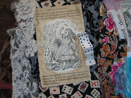 tea dyed card fabric; silk tie on right for hinge