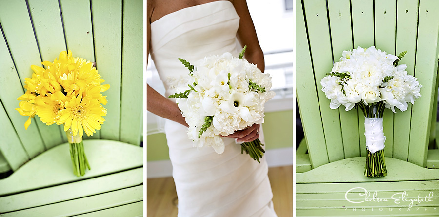 bridal bouquets yellow gerber daisy's white peonies green patio chair