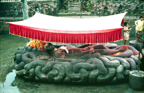 Statue of Vishnu supine, resting on a bed of nagas or snakes in a tank of water, with offering flowers, covered with a tent, Kathmandu, Nepal in 1990 by Wonderlane