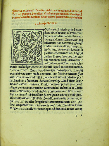 Incipit and woodcut initial in Mataratius, Franciscus: De componendis versibus hexametro et pentametro
