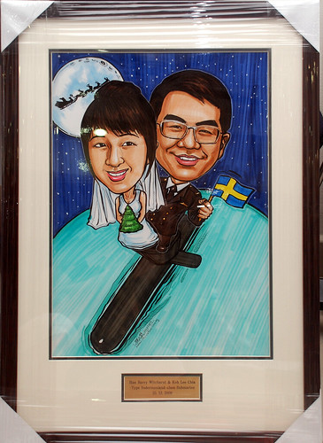 wedding couple caricatures on submarine framed with metal engraving