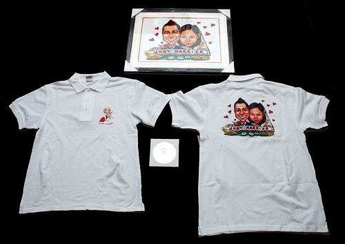 wedding couple caricatures playing mahjong printed on Polo shirts and framed up