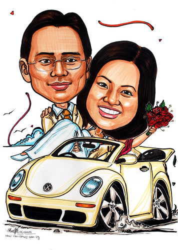 wedding couple caricatures on Beetle convertible