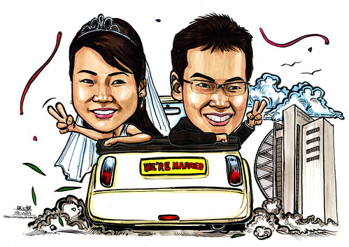 couple wedding caricatures on mini Cooper convertible @ SIngapore Polytechnic A4