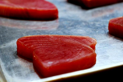 Raw Tuna steaks, ready to add spice rub and sear