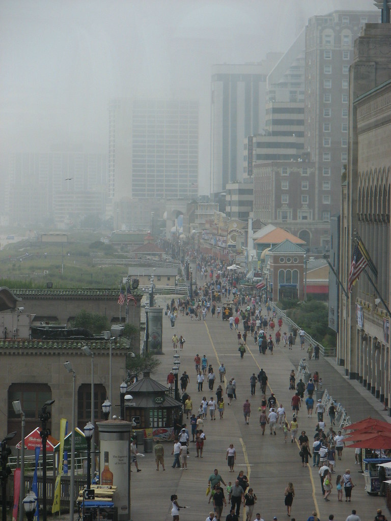 The boardwalk in Atlantic City on a rainy day in August