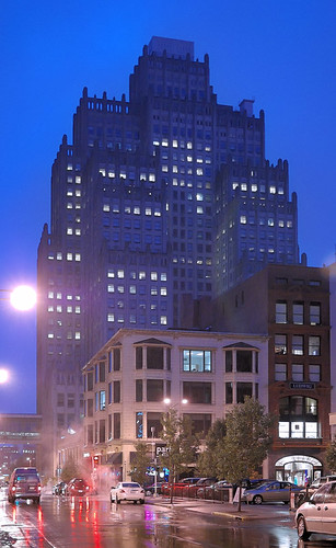 Old Southwestern Bell Building, in downtown Saint Louis, Missouri, USA - at dusk in the rain