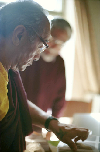 His Holiness Dagchen Sakya Rinpoche examining texts and photos at the Tibetan Works and Archives Library in Dharamsala, India 1993 by Wonderlane