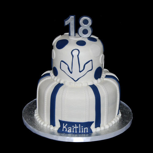 blue and white nautical themed 18th birthday cake