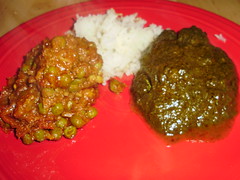 Spinach, curry, rice