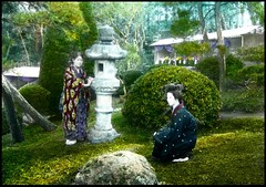 A SQUATTING GEISHA and her ATTENDANT at a PRIVATE GARDEN in OLD YOKOHAMA, JAPAN by Okinawa Soba
