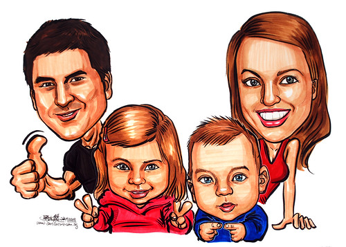 Caucasian family caricatures in colour