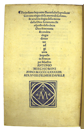 Colophon and printer's device in Vergilius Maro, Publius: Bucolica [Italian]