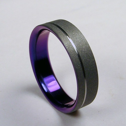 Available Pinstripe Titanium Wedding Band in Purple by Zoe and Doyle via 
