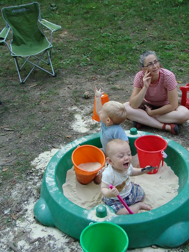 Auggie and Silas rockin' out in the sandbox