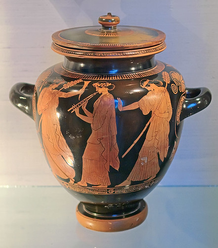 Terracotta, "Footed Jar with Dancing Maenads", Greek, attributed to the Chicago Painter, ca. 450 B.C., at the Saint Louis Art Museum, in Saint Louis, Missouri, USA