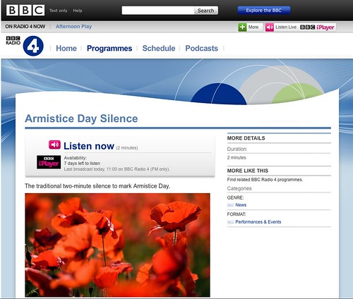 BBC iPlayer page reads Armistice Day Silence, Listen now