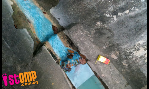 Polluted? Bright blue liquid runs in Toa Payoh drain