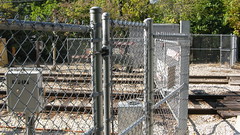CTA mechanical safety gates at the Isabella Street purple line railroad crossing. Wilmette Illinois. October 2009.
