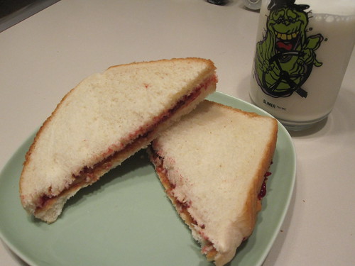 PB&J sandwich, milk 