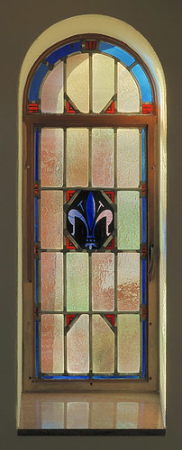 Saint Mary Roman Catholic Church, in Trenton, Illinois, USA - stained glass window of fleur de lis