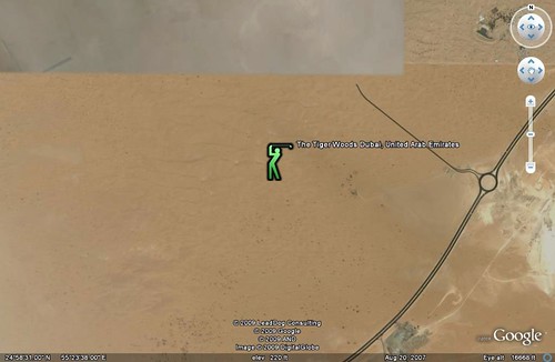 the location of the Tiger Woods Dubai golf club (2007 image by Google Earth; placement indicator by me)