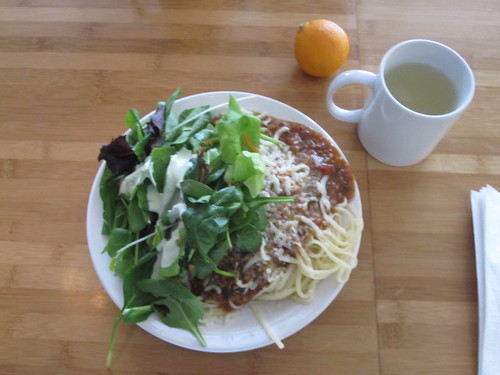 Pasta with lamb bolognese, salad, lemonade, clementine - $6 from the bistro