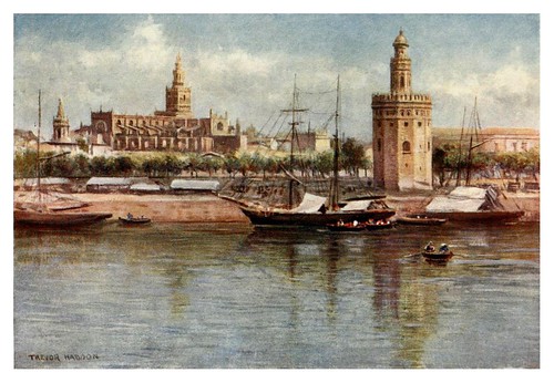 005-Sevilla la torre del oro y la catedral-Southern Spain 1908- Trevor Haddon