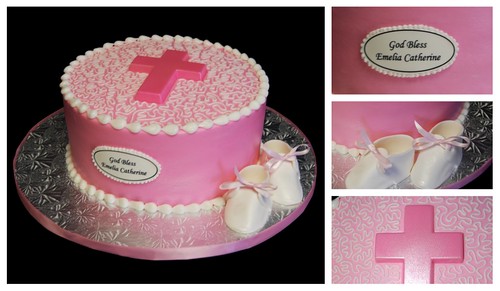 Pink Baptism Cake with Cross and Baby Shoes