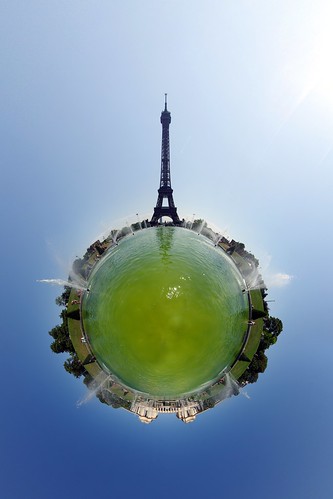 Green Eiffel (400th Wee Planet) Prints of this picture can be bought at <a href="http://gadl.imagekind.com/WeePlanets" rel="nofollow">ImageKind</a>.  (Non-polar) stereographic projection of <a href="http://www.flickr.com/photos/gadl/3907908684/">this equirectangular panorama</a>.   Part of my <a href="http://www.flickr.com/photos/gadl/sets/72157594279945875/">Wee planets</a> set.  This is my <b>400th wee planet!</b>  (I