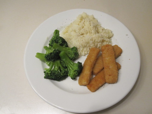 Broccoli, fish sticks, mashed potatoes