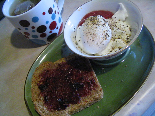 Poached eggs, toast and tea