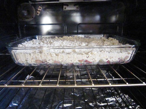 Rhubarb crisp in oven