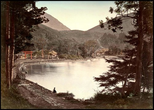 SITTING ON THE SHORE OF LAKE ASHI NEAR HAKONE VILLAGE in OLD 1880s JAPAN