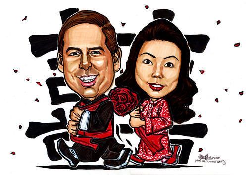 Wedding couple caricatures in traditional Chinese Kua