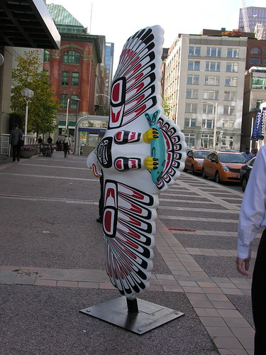 A totem-like art piece in downtown Vancouver near Gastown