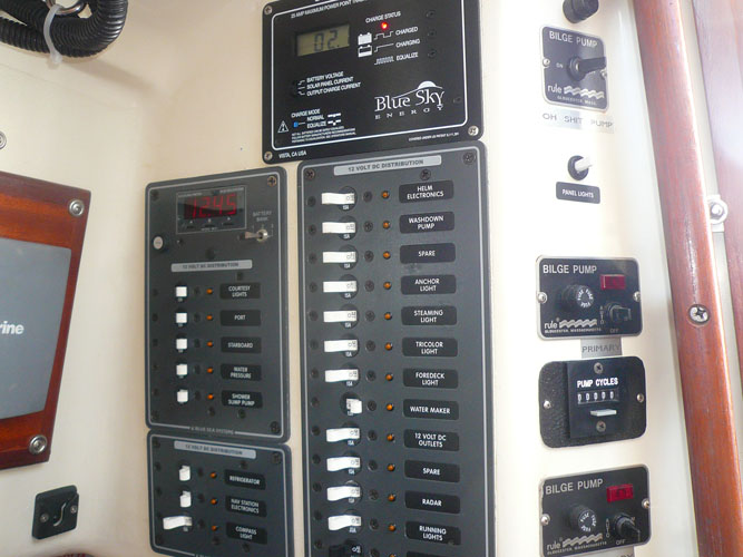 Another shot of the electrical panel and bilge pump controls.  Blue Sky charge controller up top.