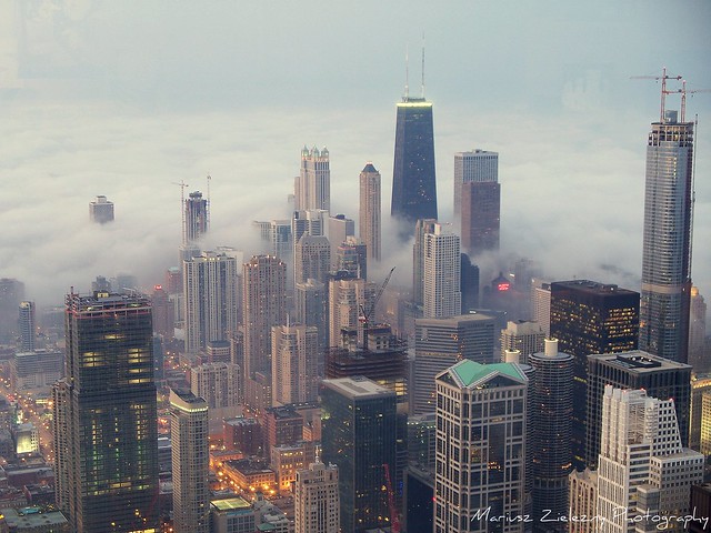 Chicago fog in sunset