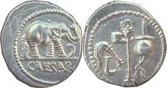 443-01-09192-39-CAESAR Julius Caesar Gaul mint 49BC Elephant snake Simpulum sprinkler axe apex Denarius