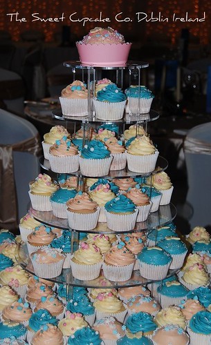 Wedding cupcakes in pink blue and ivory.