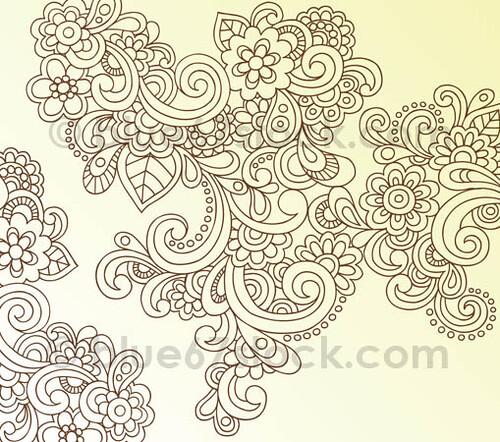 Hand-Drawn Psychedelic Paisley Henna Tattoo Doodle with Flowers and Swirls