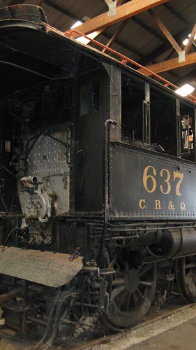 The deckless locomotive cab of Chicago, Burlington & Quincy Railroad steam locomotive # 637. The Illinois Railway Museum. Union Illinois. Friday, July 3rd 2009.