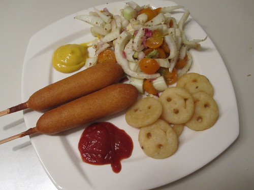 Corn dogs, Smiles, fennel salad at home